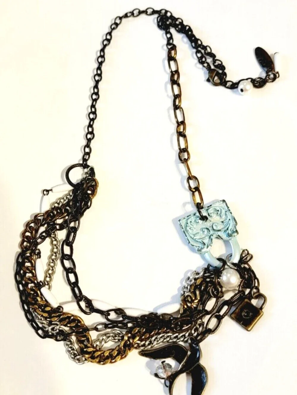 Plunder Charm Necklace Mixed Metals Bird, Lock, Faux Pearl Swag Designer blu1-38